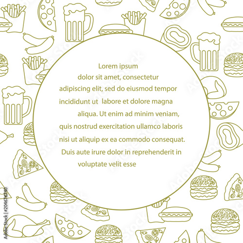 Beer, different types of food and fast food.