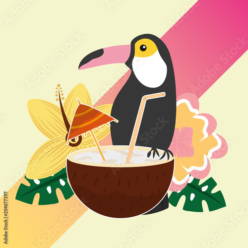 summer time tropical toucan cocktail and flowers vector illustration
