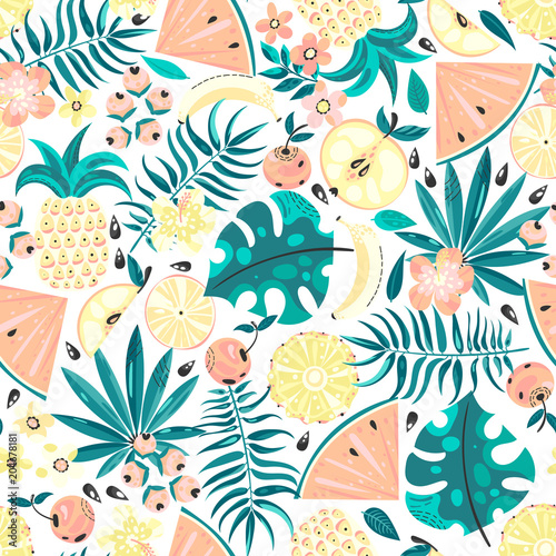 Seamless pattern with fruits and flowers