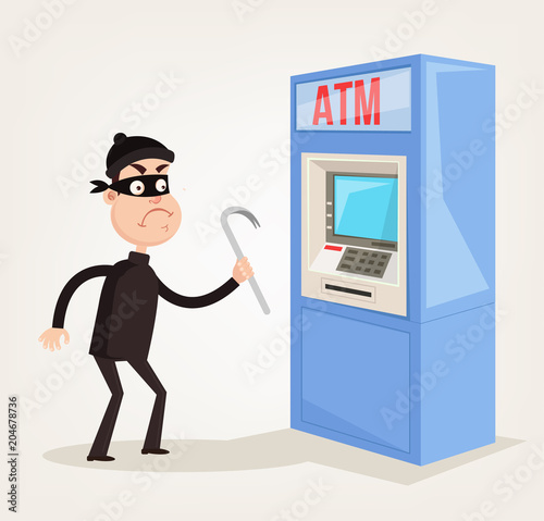 Angry thief hacker robber burglar man character trying broke ATM machine and steal money. Financial crime concept. Vector flat cartoon isolated graphic design illustration