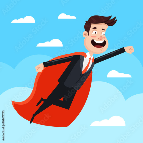 Brave strong man office worker businessman superhero in red cape costume character fly sky. Winner success confidence leadership concept. Vector flat cartoon isolated graphic design illustration