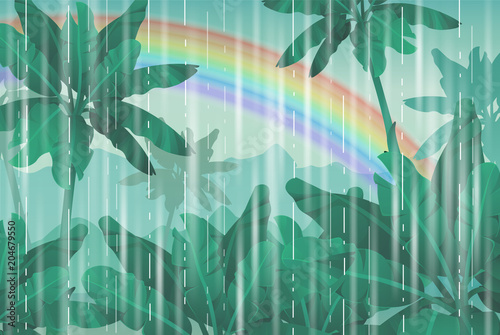 Rain and a rainbow in the jungle. Vector illustration.