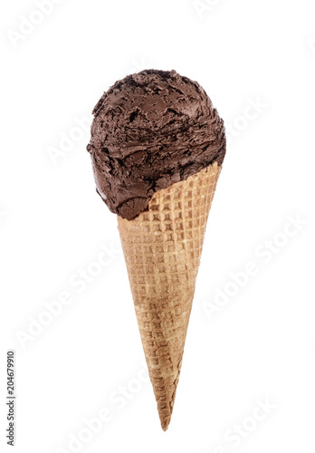 chocolate ice cream with cone isolated on white background