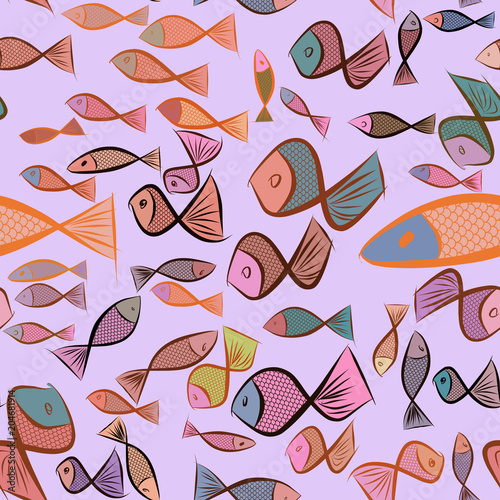 Seamless abstract fish illustrations background. Shape, effect, surface & canvas.
