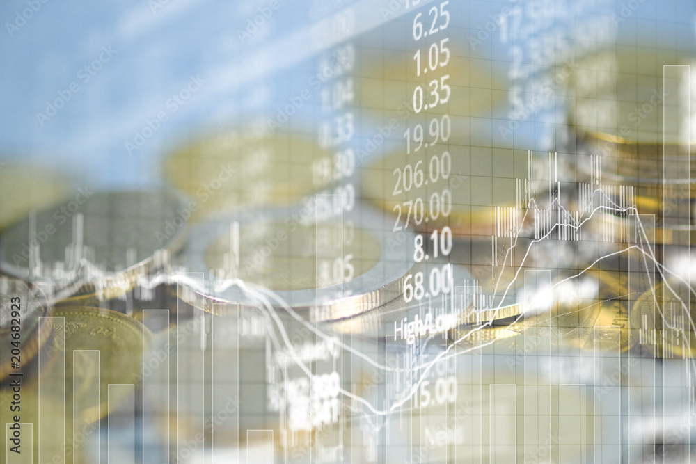 Double exposure of coin stack with stock market screen chart board and candle stick for financial business and investor analysis concept. Double exposure of coin stack with stock market screen chart board and candle stick for financial business and investor analysis concept.