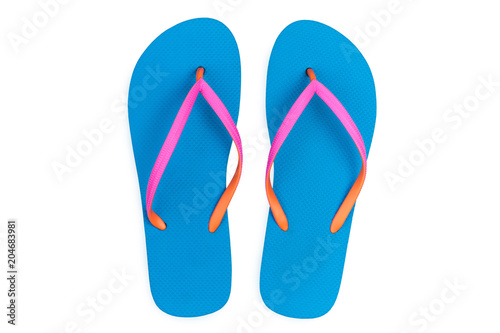 Blue flip flops isolated on white background. Top view