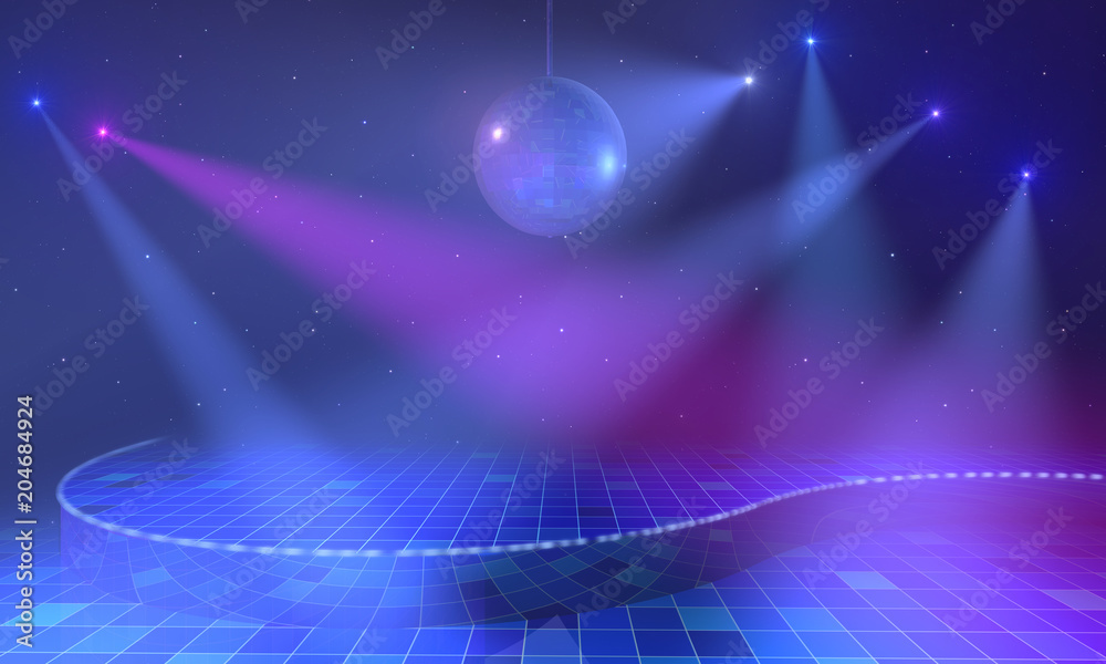 Empty open stage with mirror ball, lights and stars above blue tiled floor. 3d render. - obrazy, fototapety, plakaty 