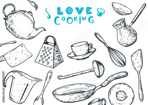 Love cooking illustration. Kitchen utensils hand drawn vector illustration. Cooking time sketch collection. Different kitchen utensils set.