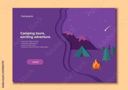 Evening camp whith bonfire and tent pine forest and rocky mountains in trandy paper cut style.. Camping in wild nature at night. Starry night sky and shooting star. Vector card illustration