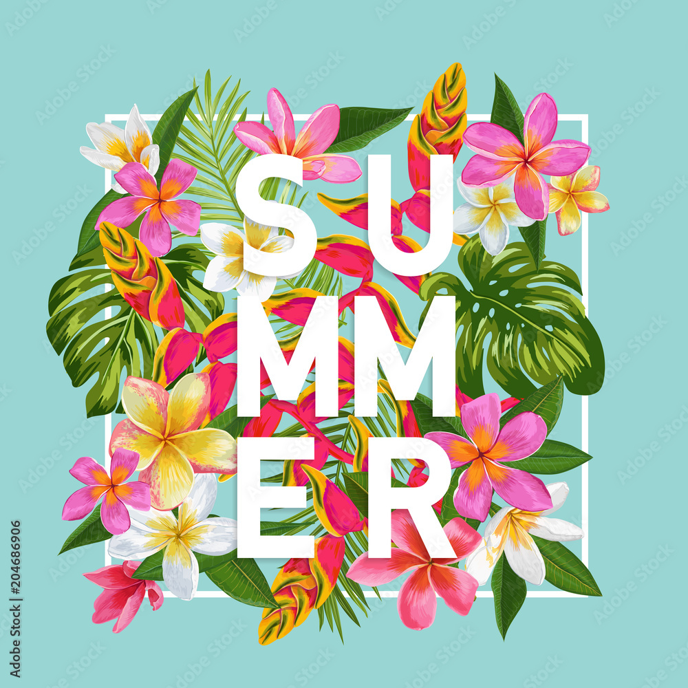 Naklejka premium Hello Summer Floral Poster. Tropical Exotic Flowers Design for Banner, Flyer, Brochure, Fabric Print. Summertime Watercolor Background. Vector illustration