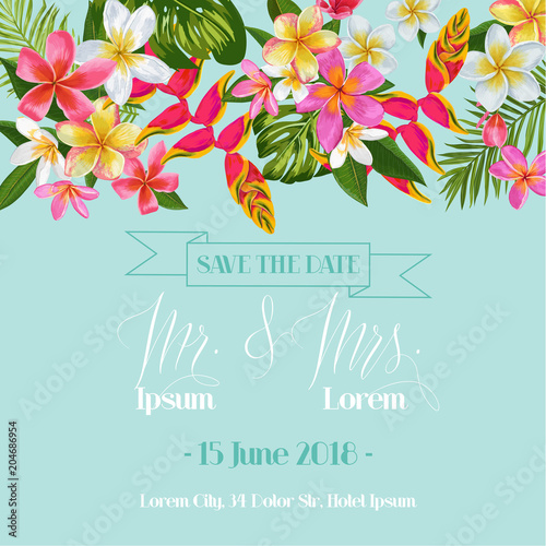 Wedding Invitation Template with Plumeria Flowers. Tropical Floral Save the Date Card. Exotic Flower Romantic Design for Greeting Postcard, Birthday, Anniversary. Vector illustration