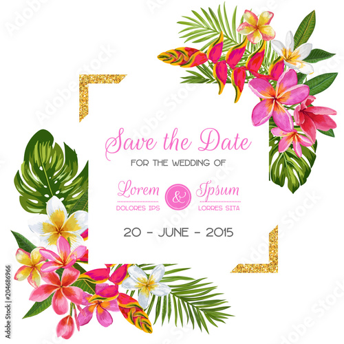 Wedding Invitation Template with Flowers. Tropical Floral Save the Date Card. Exotic Flower Romantic Design for Greeting Postcard, Birthday, Anniversary. Vector illustration