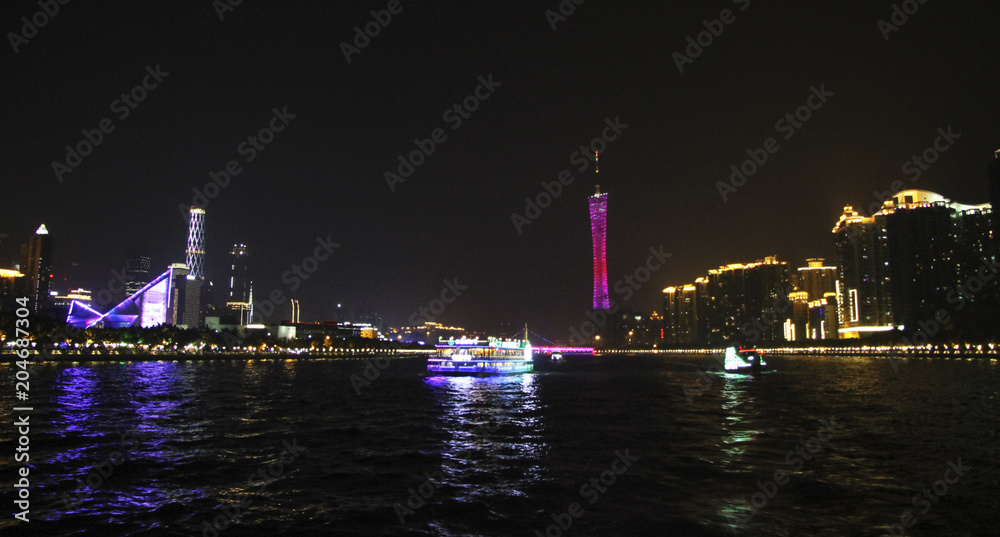 Canton tower in the night at Pearl river