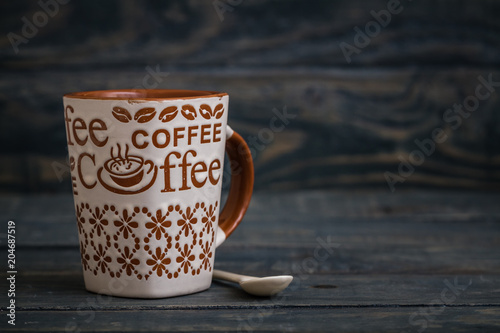 White  Brown Ceramic Coffee Mugs on Wooden Background