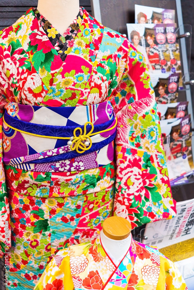 View of the colorful kimono in the store, Kyoto, Japan. Close-up. Vertical.