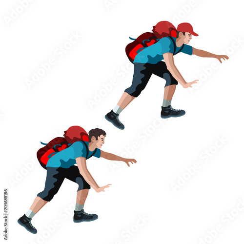 Isolated figure of a hiker climbing on a rock