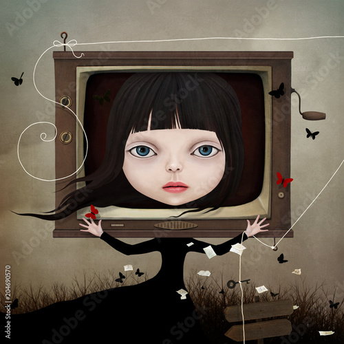 Conceptual illustration with a fairy tale character little Girl and TV. 
