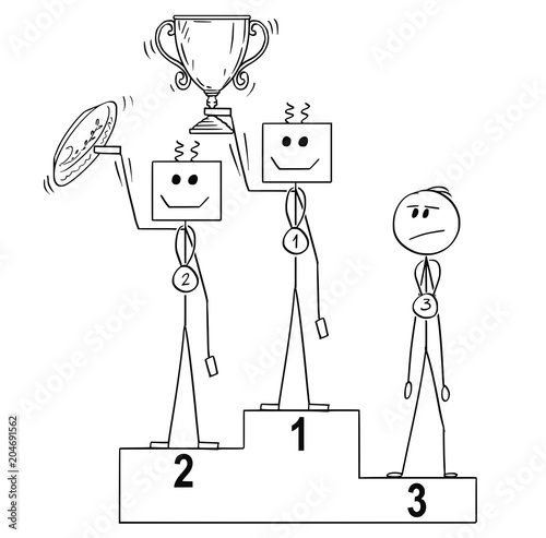 Cartoon stick man drawing conceptual business or sport illustration of winners on podium, human is third, defeated by two robots. Concept of artificial intelligence superiority over mankind.
