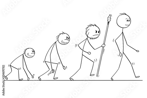 Cartoon stick man drawing conceptual illustration of human evolution process progress.