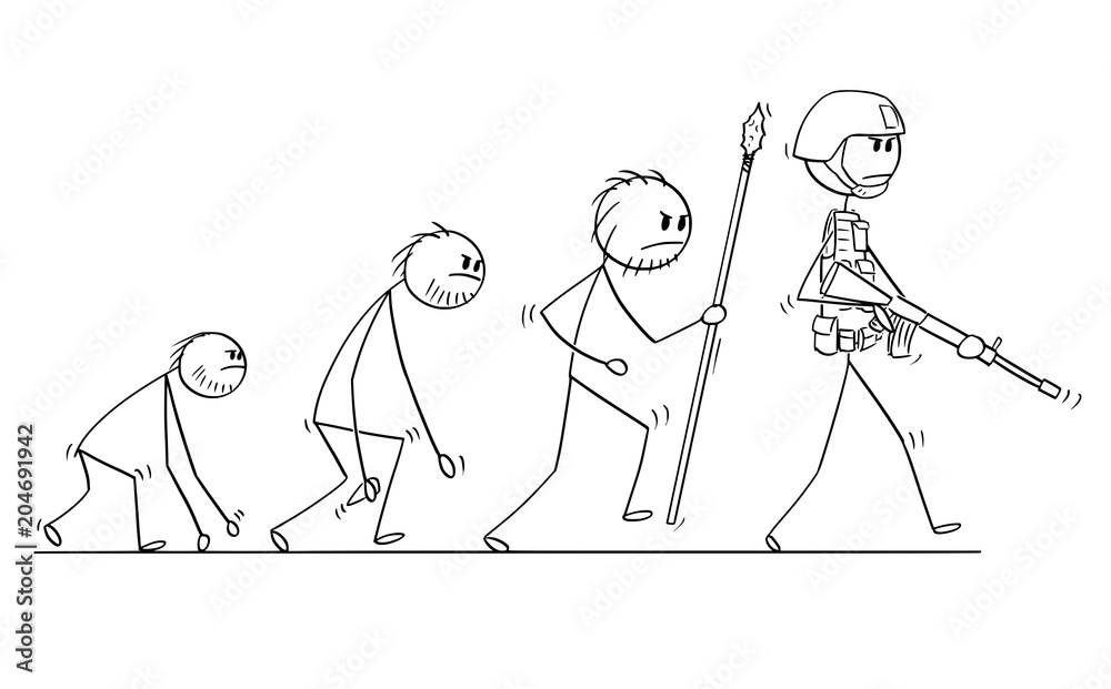 Cartoon stick man drawing conceptual illustration of modern human soldier  or warrior evolution process progress. Concept of war and human violent  nature. Stock Vector | Adobe Stock