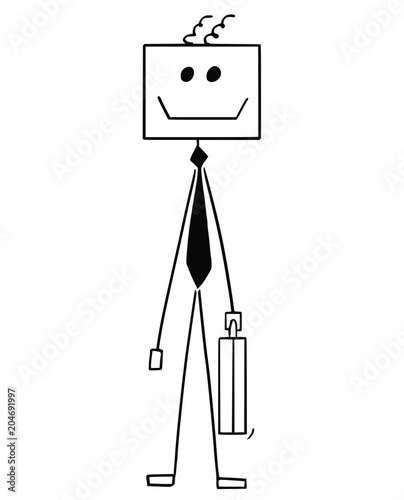 Cartoon stick man drawing conceptual illustration of robot or robotic businessman. Concept of artificial intelligence in business.