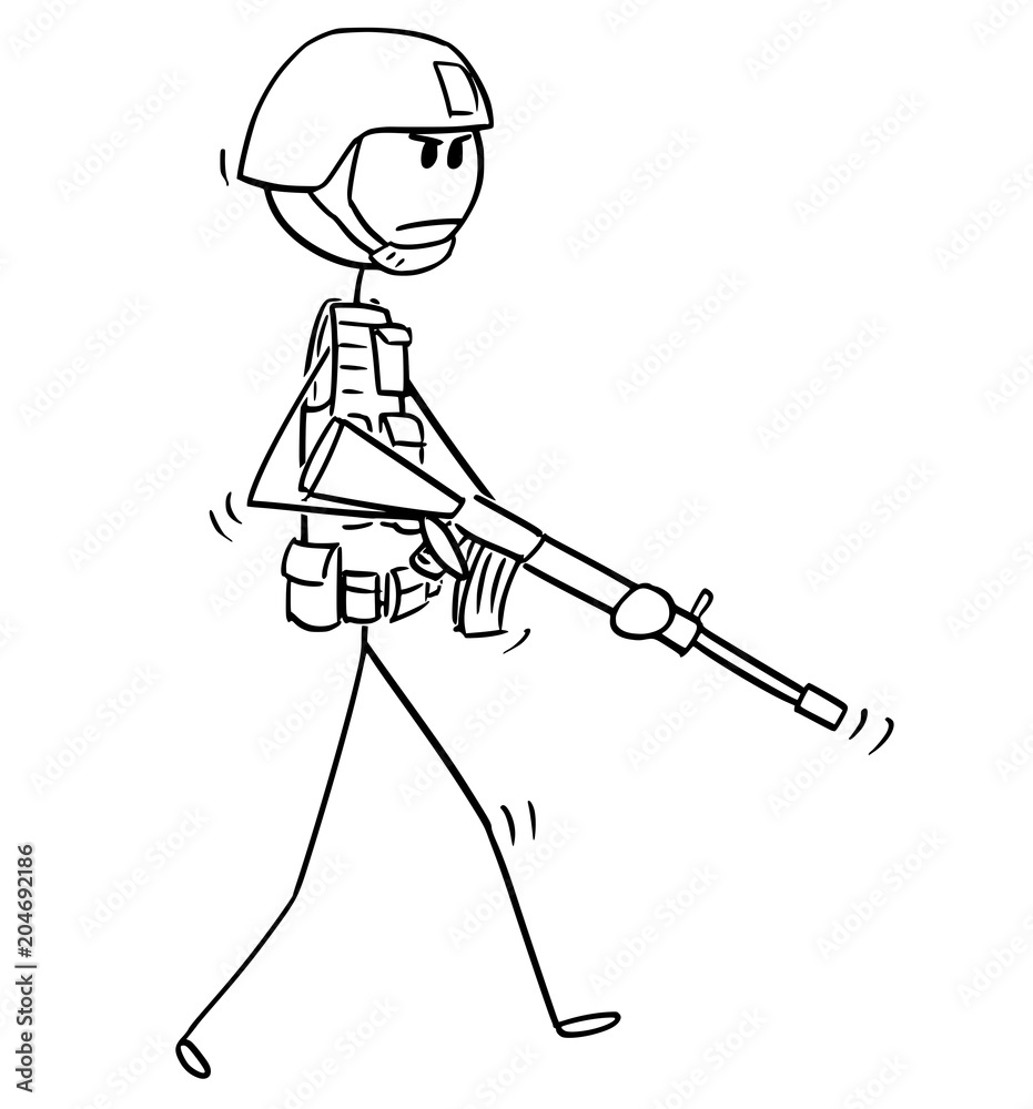 Cartoon stick man drawing conceptual illustration of modern soldier.Concept  of war. Stock Vector | Adobe Stock