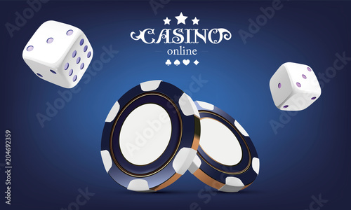 Casino poker chips and dice. Casino game 3D chips. Online casino banner. Blue realistic chip. Gambling concept, poker mobile app icon. dice falling in the air