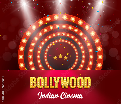 Bollywood Indian Cinema Film Banner. Indian Cinema Logo Sign Design Glowing Element with Stage