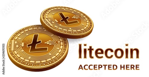 Litecoin. Accepted sign emblem. Crypto currency. Golden coins with Litecoin symbol isolated on white background. 3D isometric Physical coins with text Accepted Here. Vector illustration.