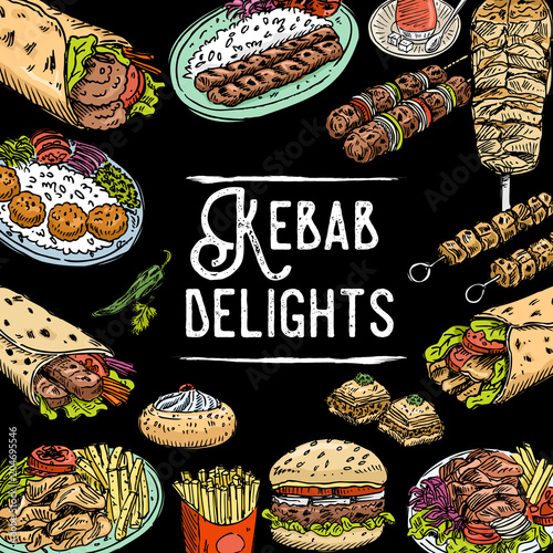 Hand drawn Turkish food, Vector Illustration