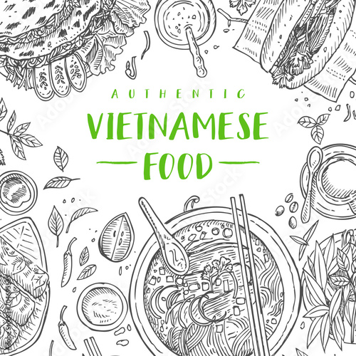 Hand drawn top view traditional Vietnamese food, Vector Illustration