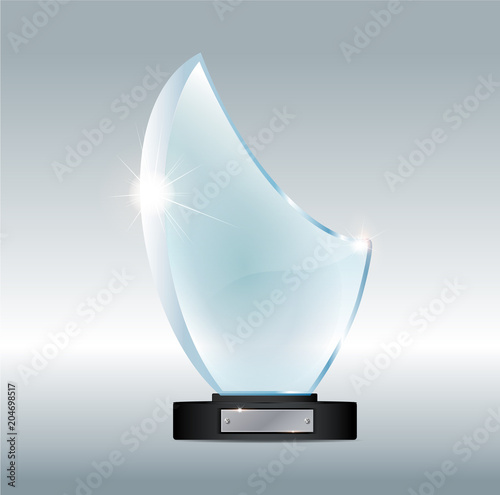 Blank tall glass trophy mockup. Empty acrylic award design mock up. Transparent crystal prize plate template.