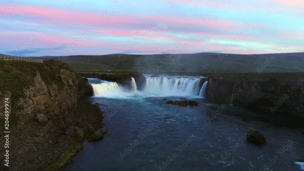 4K Aerial movie Sunset Scene of Godafoss Waterfall in Summer of Iceland 4K Aerial movie Sunset Scene of Godafoss Waterfall in Summer of Iceland