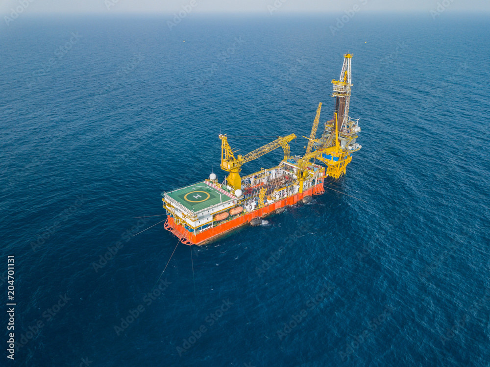 Aerial View of Tender Drilling Oil Rig (Barge Oil Rig) in The Middle of ...