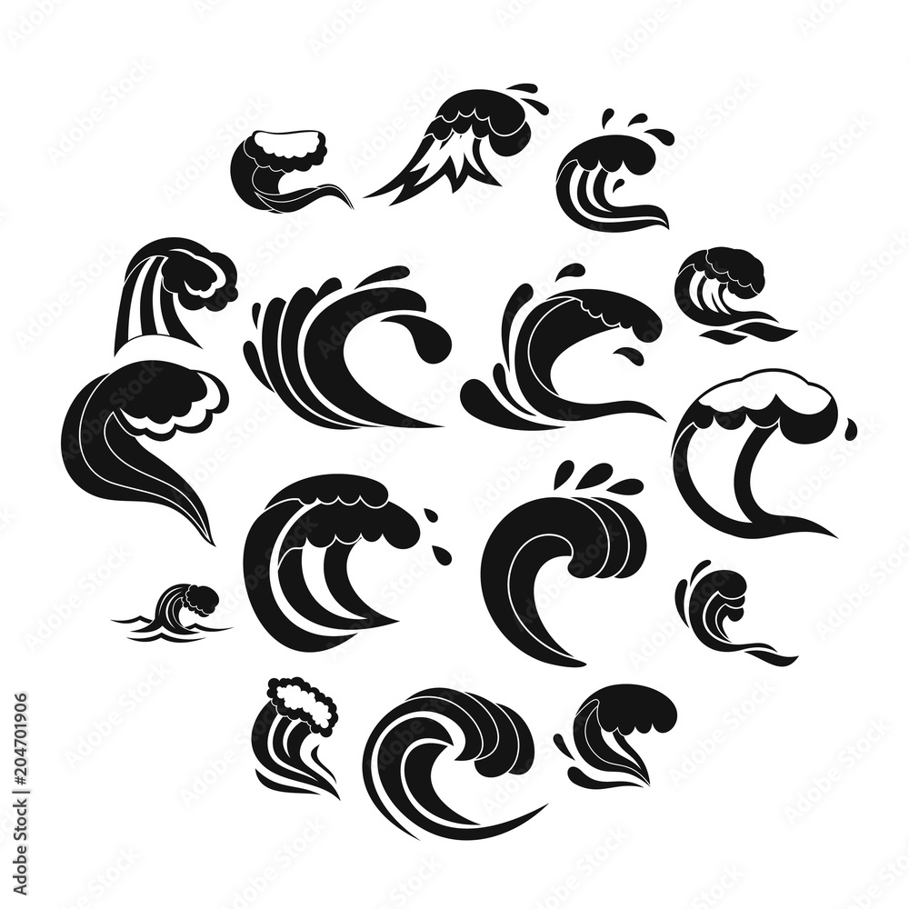 Fototapeta premium Sea waves icons set, simple style