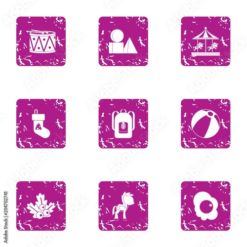 Holidays for juvenile icons set, grunge style