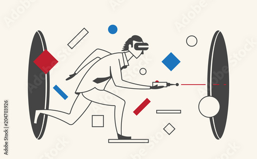 Virtual Reality Businessman. Man using portal and VR glasses. Vector illustration