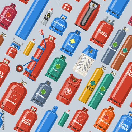 Gas cylinder vector lpg gas-bottle and gas-cylinder illustration set of cylindrical container with liquefied compressed gases with high pressure and valves seamless pattern background