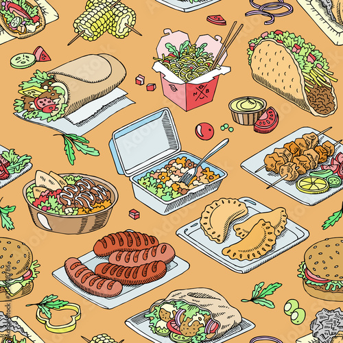 Street food vector fastfood burger or grilled sausages and traditional cuisine taco or falafel illustration set of fast snack shawarma and chicken kebab seamless pattern background