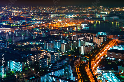 Aerial view of the Osaka Bay harbor area at night