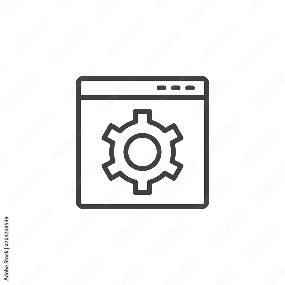 Website with setting cogwheel outline icon. linear style sign for mobile concept and web design. Setting Browser simple line vector icon. SEO Symbol, logo illustration. Pixel perfect vector graphics Website with setting cogwheel outline icon. linear style sign for mobile concept and web design. Setting Browser simple line vector icon. SEO Symbol, logo illustration. Pixel perfect vector graphics