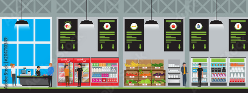Vector Supermarket interior vector illustration in flat style with high detailed. Customers buy products at hyper food store.