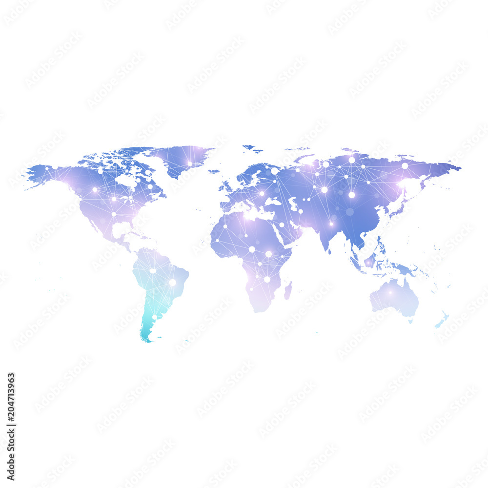 Obraz premium Vector template World map with global technology networking concept. Global network connections. Digital data visualization. Lines plexus. Big Data background communication. Perspective backdrop