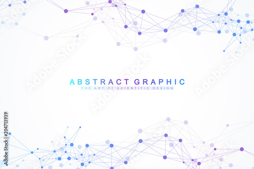 Geometric graphic background artificial intelligence. Turbulence flow trail. Futuristic science and technology background. Big data visualization complex with compounds. Cybernetics illustration