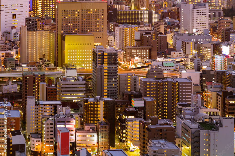 Obraz premium Night aerial view Osaka city residence city business downtown, Japan