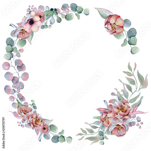 watercolor wreath frame with anemone, peonies flowers and herbs