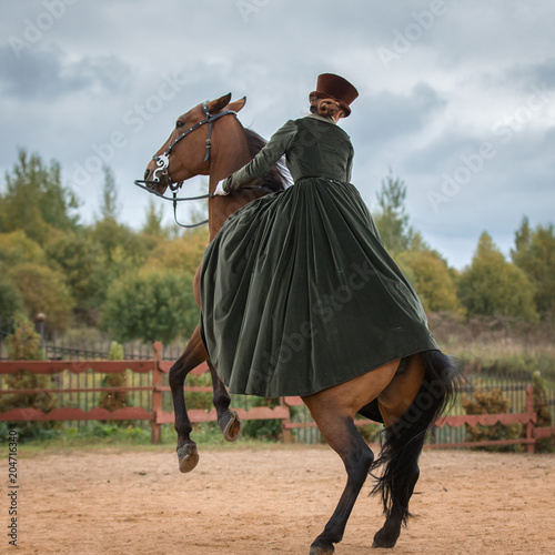 Lady riding a horse in a historical costume of the 19th century