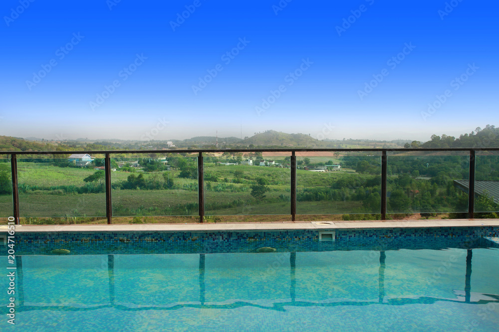 blue swimming pool outdoor resort on blue sky landscape blue swimming pool outdoor resort on blue sky landscape