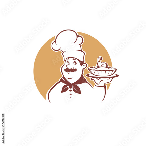 happy cartoon chef holding a sweet pear pie, vector illustration for your bakery logo, emblem, label , sign