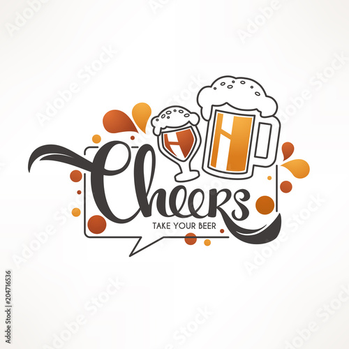 Cheers, vector illustration with draft beer mugs and lettering composition for your pub logo, label, menu, emblem